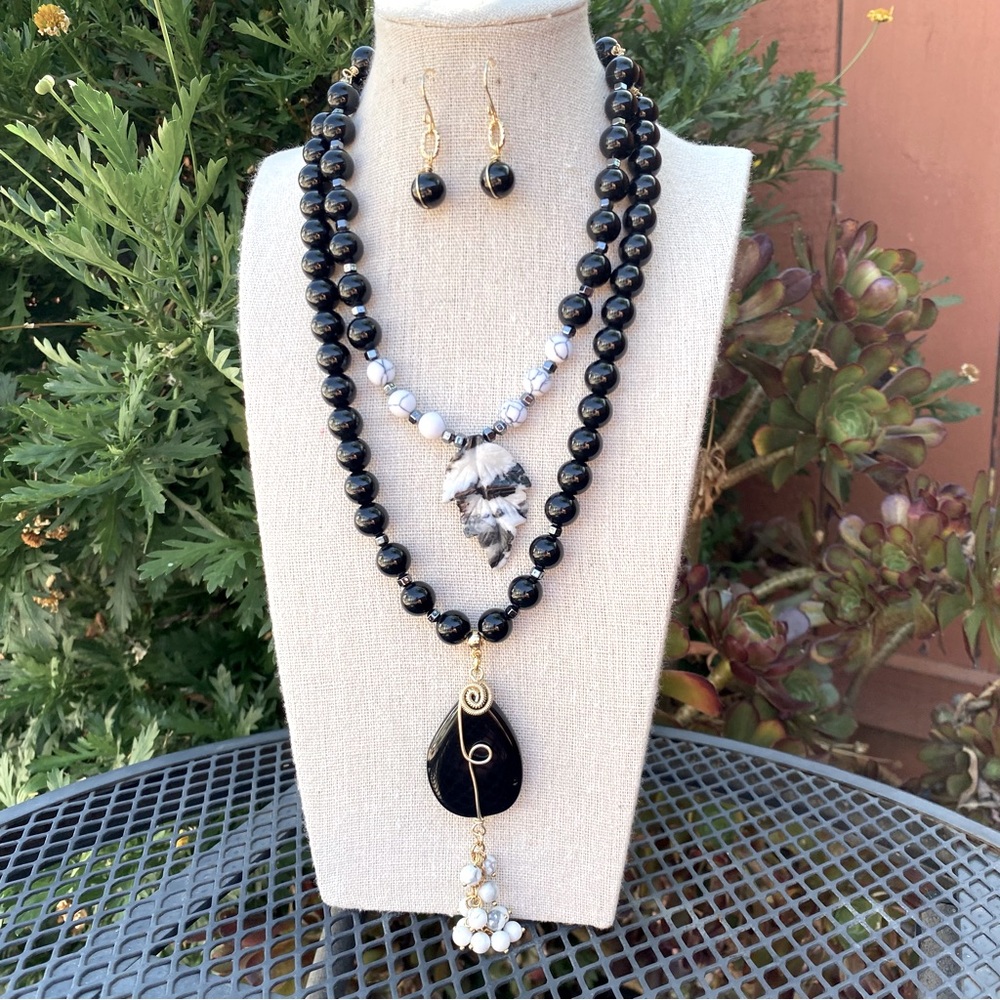 Handcrafted natural stone double layered necklace and earrings